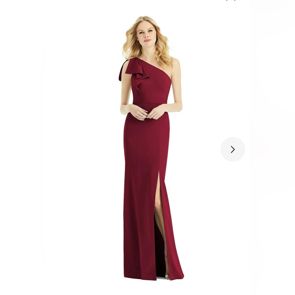 After Six Bowed One Shoulder Trumpet Gown Dress in Burgundy